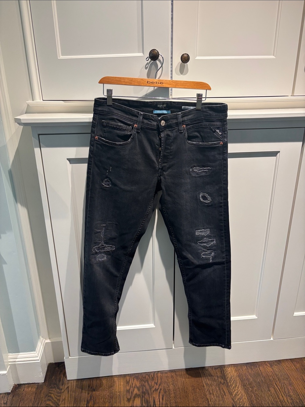 Replay Men’s Grover Distressed Straight Fit Black Jeans 33x30 NWOT